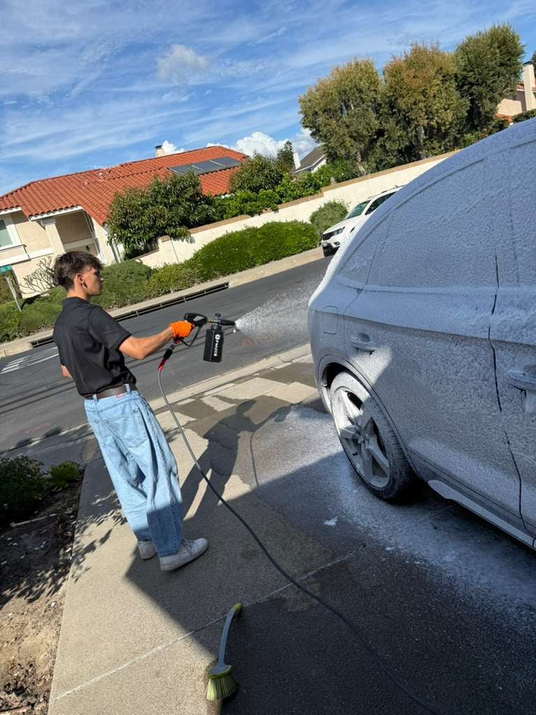 Man using a pressure washer to clean a blue van in a residential driveway on a sunny day